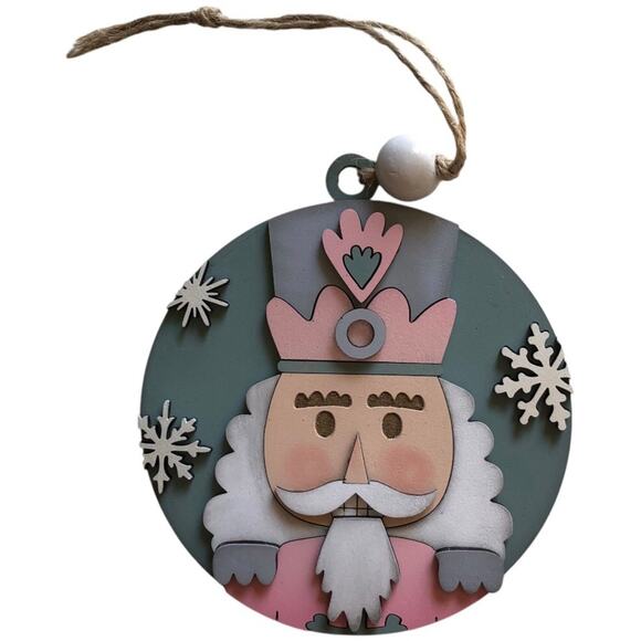 Whimsical Nutcracker Ornament - Pink, Gray & Green Hand Painted Wood - Picture 4 of 6